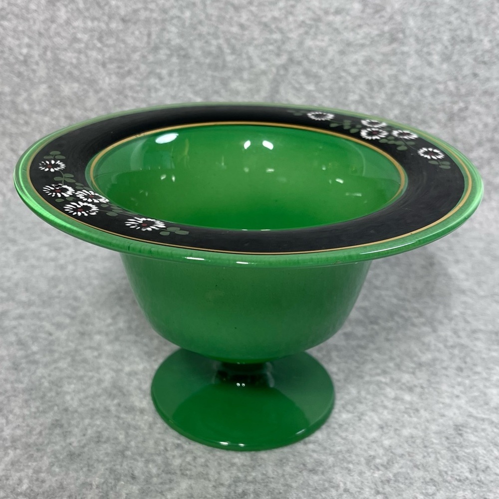 Pedestal Candy Dish Compote Green with Black and Gold Trim‎ Pedestal 6.25”